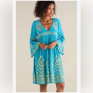 Soft Surroundings Zaneta Turquoise Gold Embroidery Babydoll Boho Lagenlook 3X